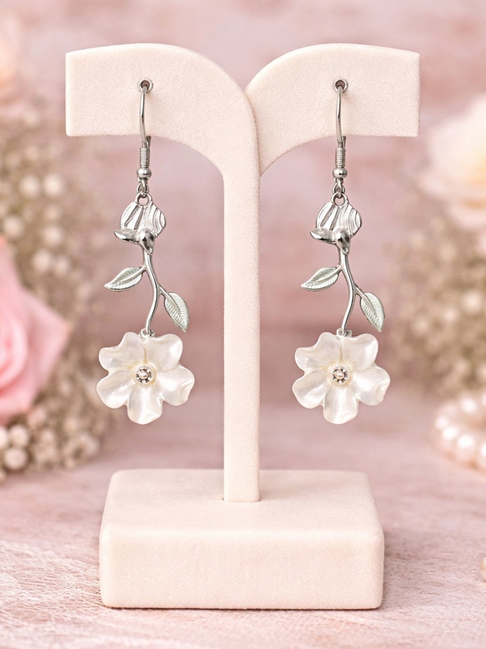 Paparazzi Floral Dangle Earrings White Flower Silver Tone 1.75”
